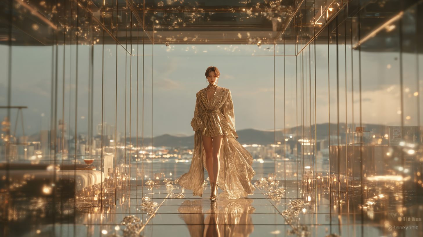 K-POP 아이돌이 럭셔리한 무대 위에서 금빛 조명 아래 자신감 있게 서 있는 모습, 재벌가 출신의 화려함과 세련된 패션 감각을 표현한 초고화질 일러스트