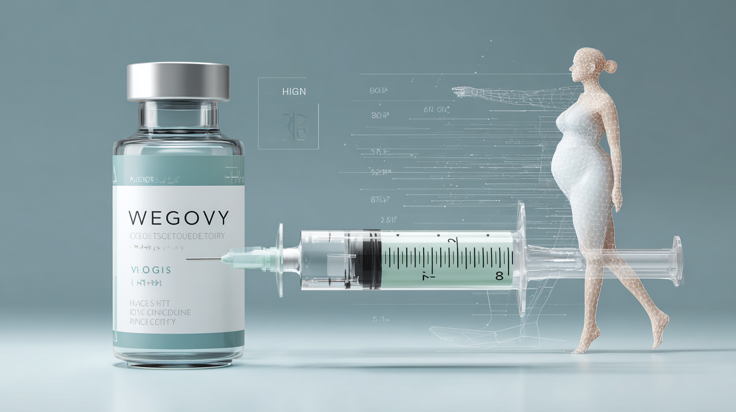위고비(Wegovy) 주사제와 여성 체형 변화 전후를 나타낸 의학적 일러스트 이미지