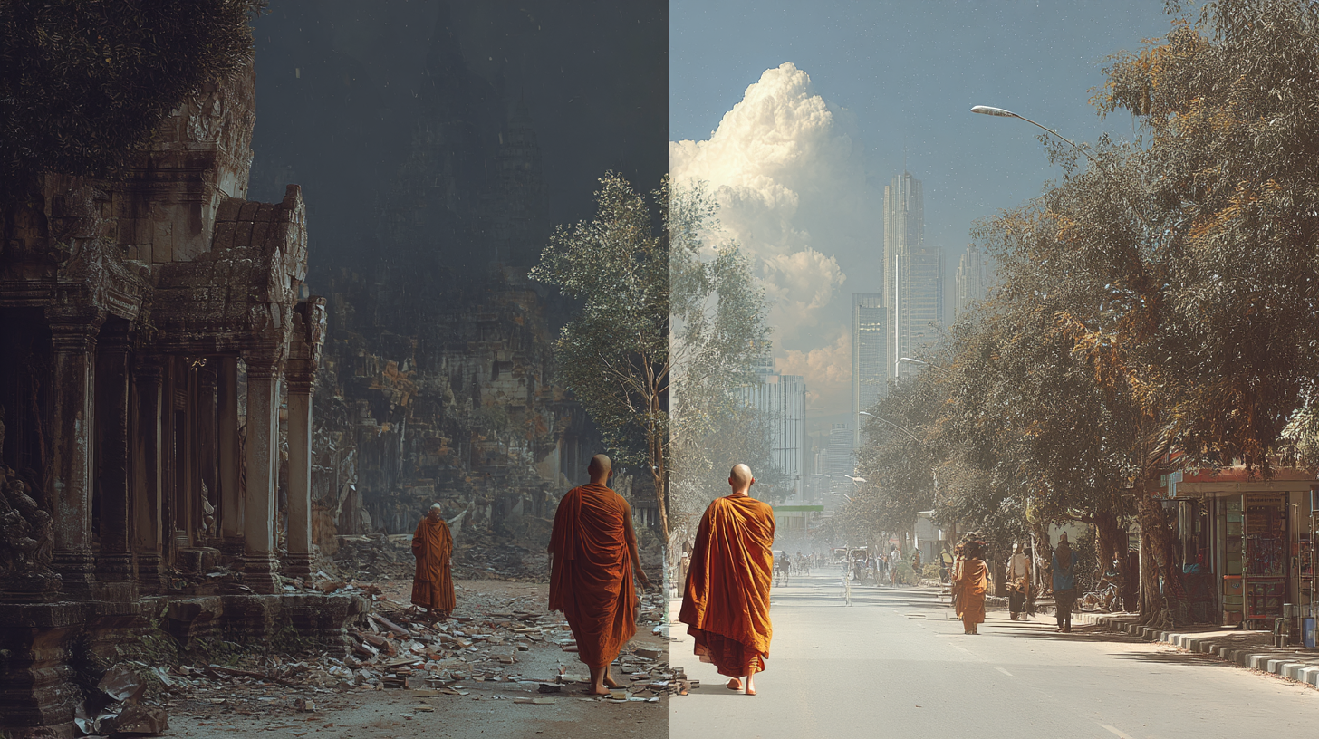 1970년대 폴 포트 정권 하의 암울한 캄보디아와 2025년 평화로운 현대 캄보디아를 대조한 상징적 이미지
